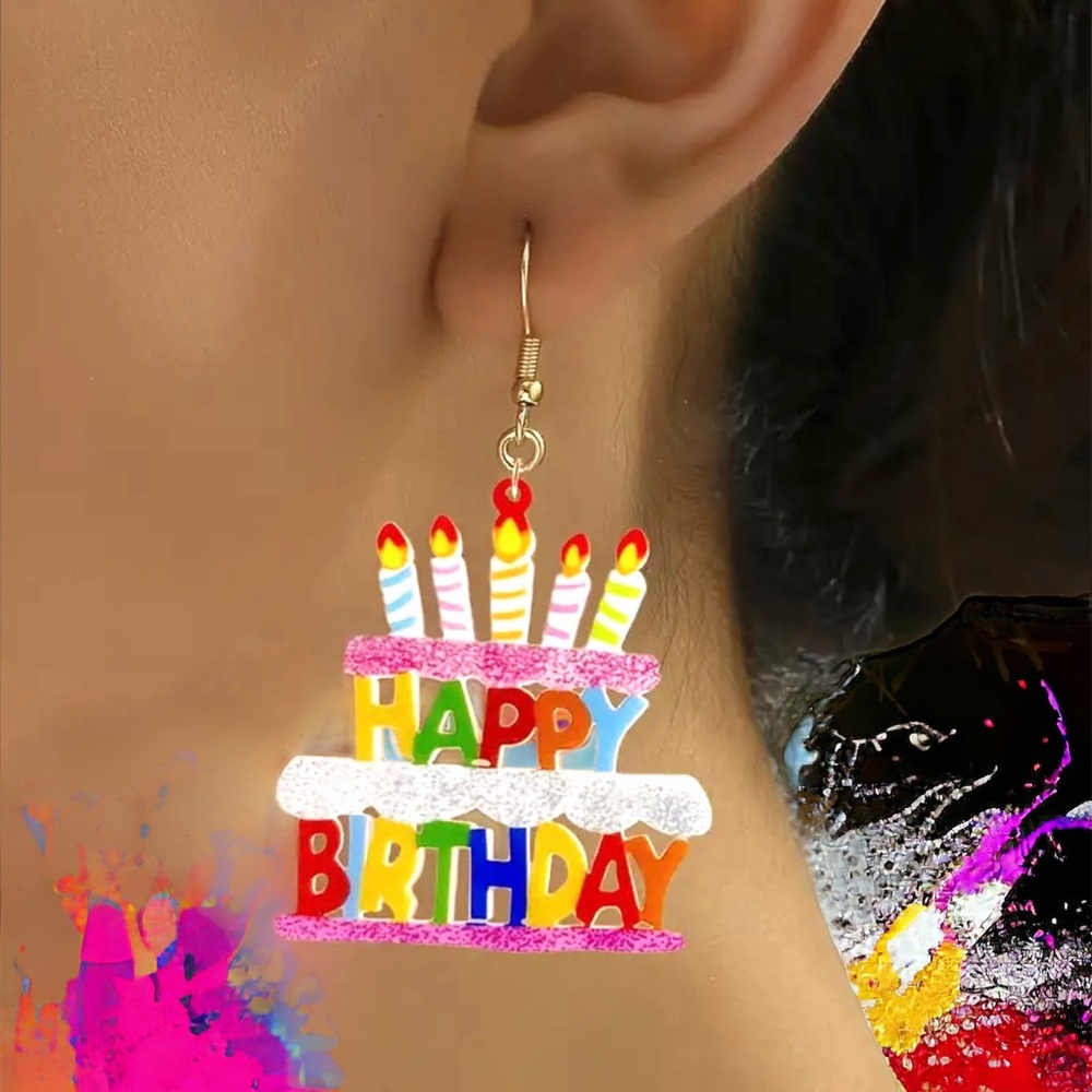1 Pair Of Birthday Cake Design Happy Birthday Colorful Acrylic‎ Earrings
